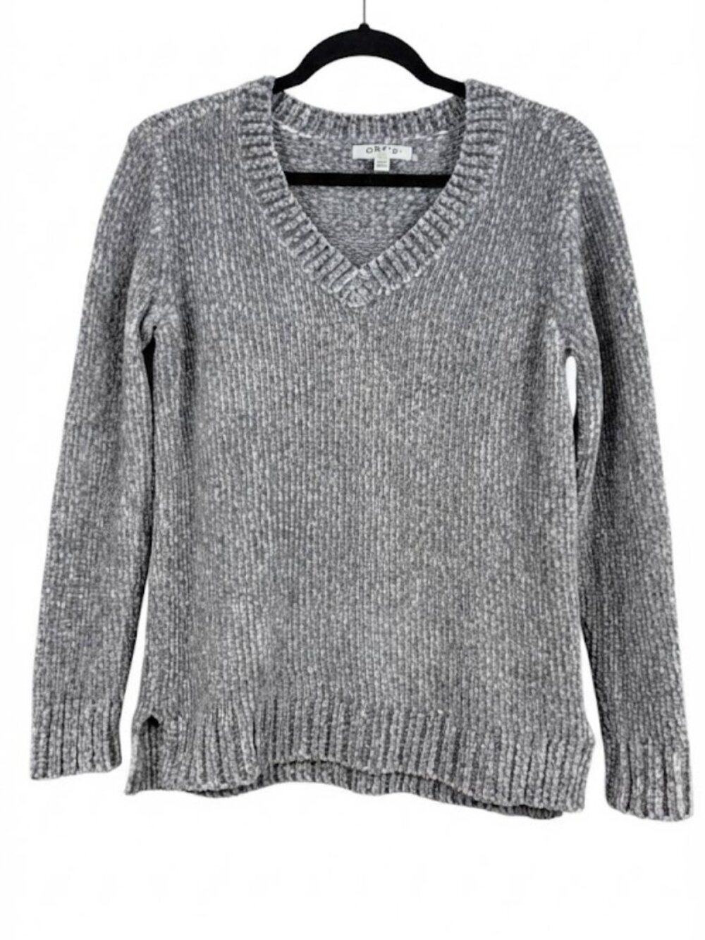 Orvis Women's Medium Gray White Marled Chenille Sweater V-Neck Cozy